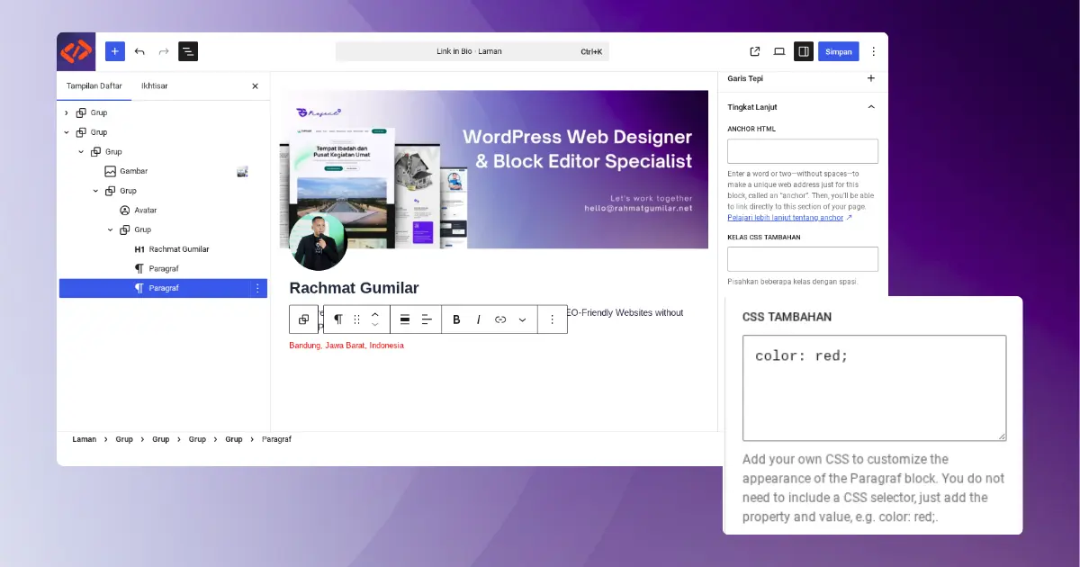 Tampilan pengaturan fitur Custom CSS per-blok pada panel Advanced di editor WordPress 7.0