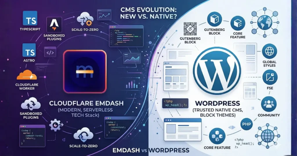 Perbandingan logo Cloudflare EmDash dan logo WordPress dalam konsep modern CMS web development.