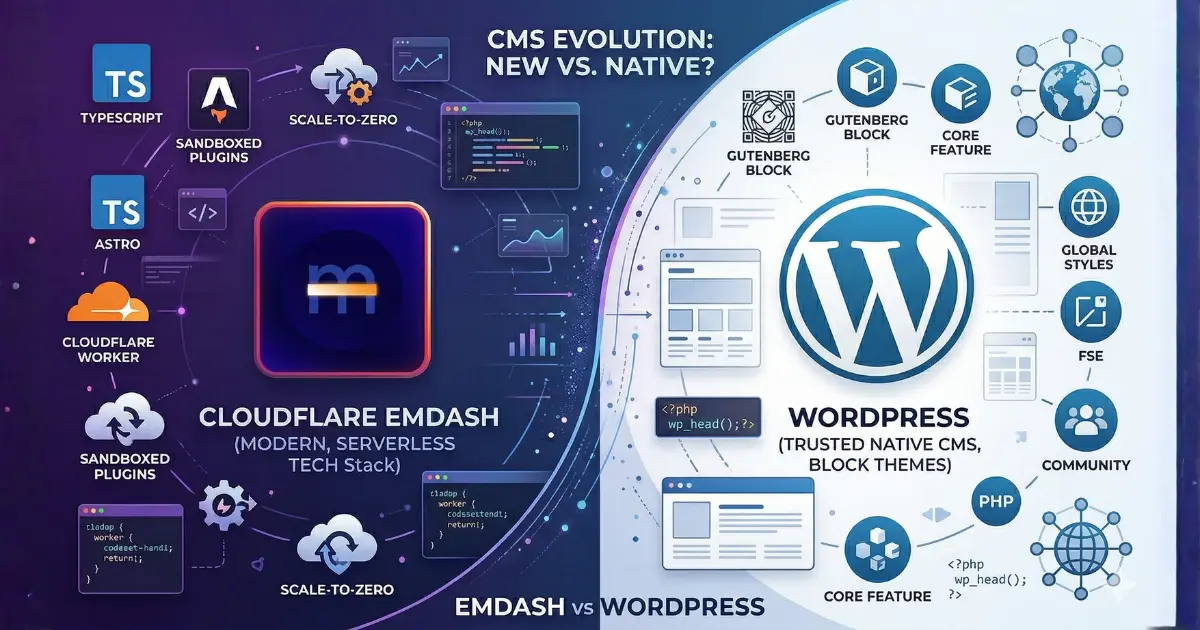 Perbandingan logo Cloudflare EmDash dan logo WordPress dalam konsep modern CMS web development.