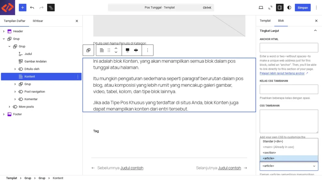 Setting HTML Element Konten Post