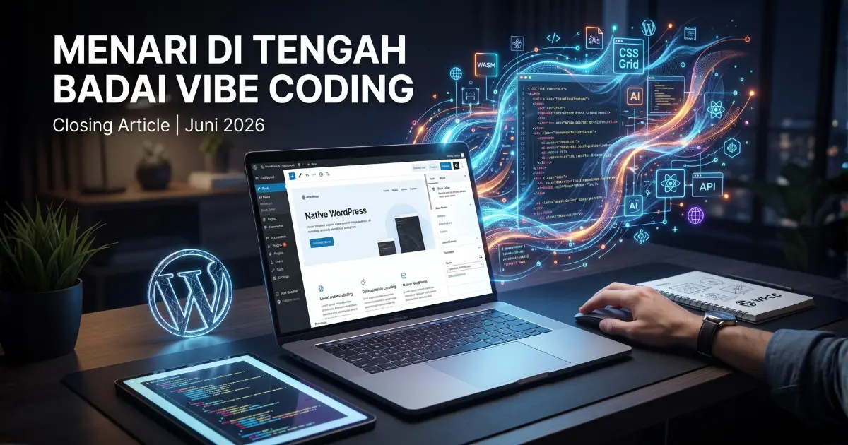 Visualisasi kode abstrak yang bersih dan berpendar rapi khas era AI, namun tetap menonjolkan estetika panggung kerja WordPress yang elegan, profesional, dan berfokus pada masa depan.