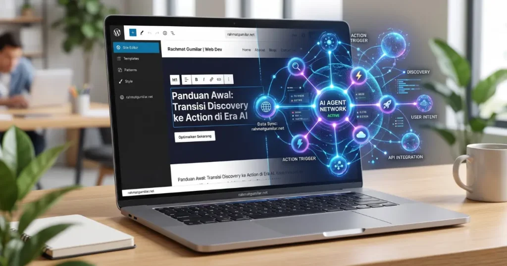 Mockup editor FSE WordPress dan visualisasi grafis AI Agent untuk panduan arsitektur web masa depan.