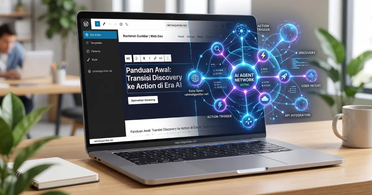 Mockup editor FSE WordPress dan visualisasi grafis AI Agent untuk panduan arsitektur web masa depan.