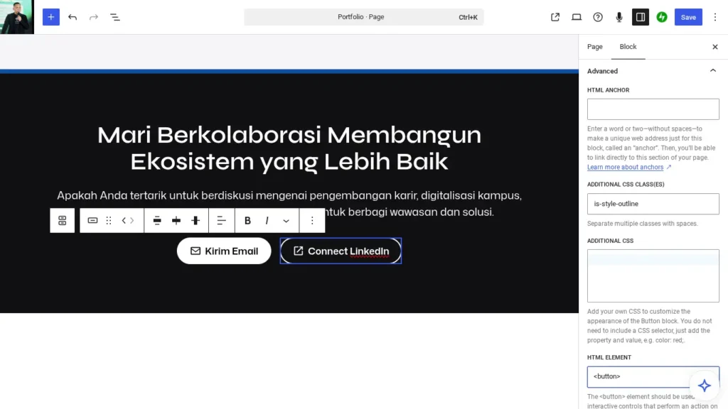 Tangkapan layar pengaturan panel Advanced di editor WordPress FSE untuk optimasi elemen semantik AI.