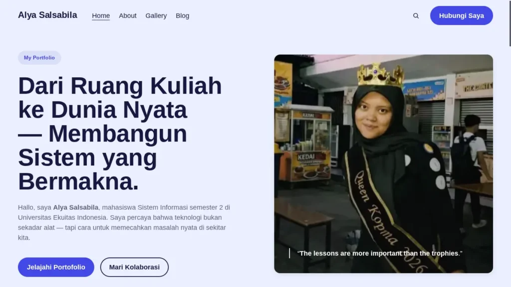 Tampilan halaman depan website portofolio sasaa blog hasil karya peserta WPCC Ekuitas